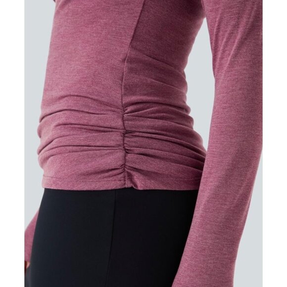 Halara Twisted V Neck Long Sleeve Ruched Skinny Work Top Sz Large Pink Womens - Picture 9 of 12